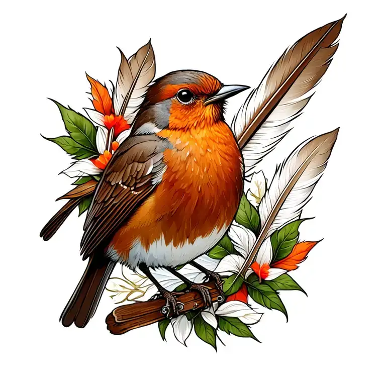 Robin and 3 white feathers tattoo design idea