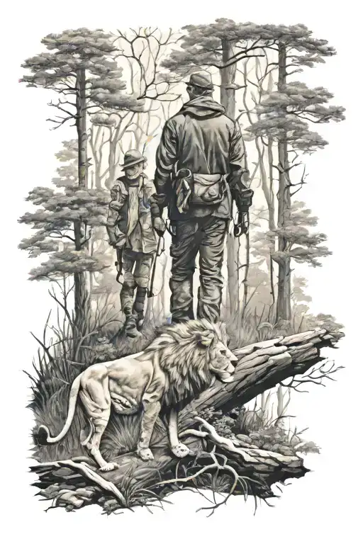 hunter with teenager walking through woods with lion looking over them tattoo design idea