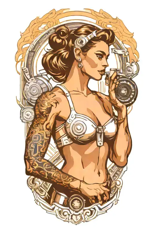 bodybuilder muscular women with technology circuits merging tattoo design idea