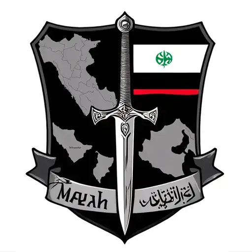 shia zulfiqar sword, with iraqi flag and geographical map, and my tribal name mayah, no people. tattoo design idea