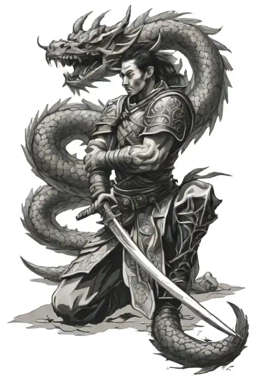 Chinese warrior kneeling side on, broken sword into ground, dragon surrounding sword tattoo design idea