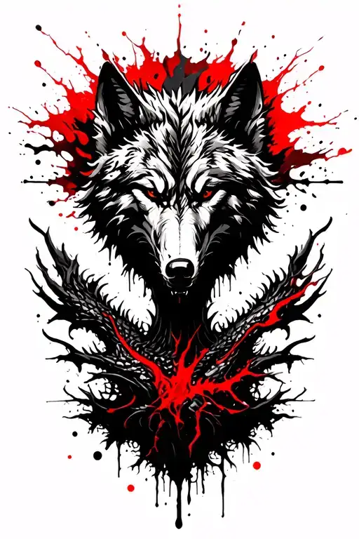 tree if life with wolf head and dragon  tattoo design idea