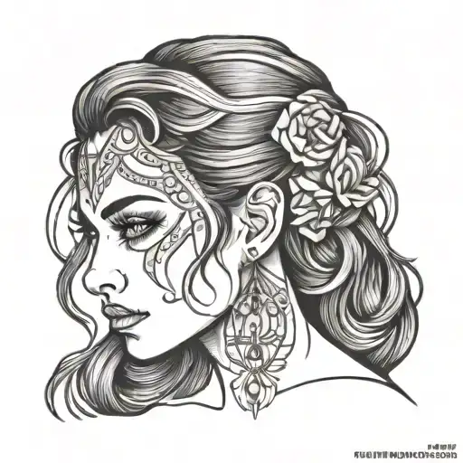 stylized realistic female portrait frontal symmetrical face no irises white eyes dark hair detailed line work tattoo design idea