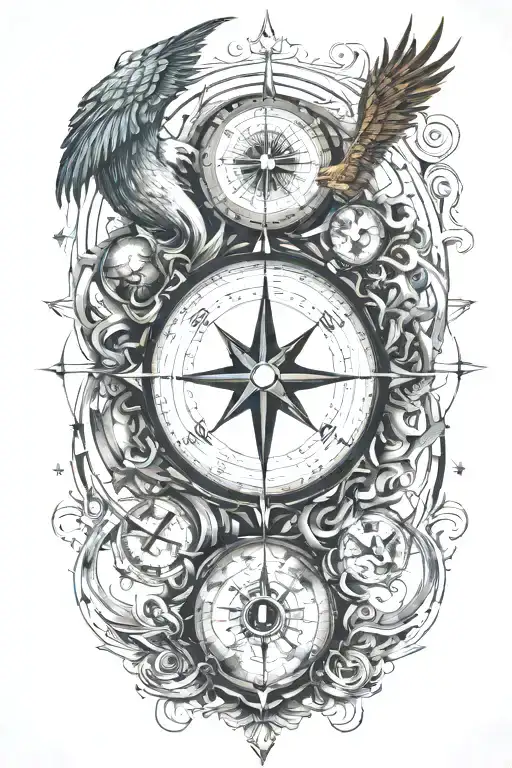 earth, moon, compass, time, phoenix tattoo design idea