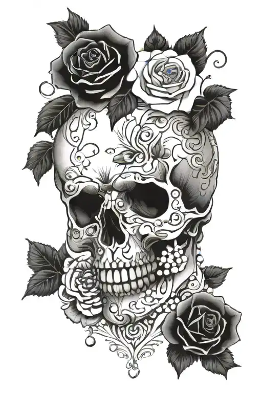 black roses  skull  heart locket  pearls tattoo design idea