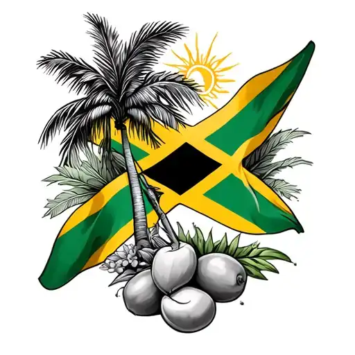 Tattoo with Jamaican flag and sunshine and palm trees and Ackee fruit tattoo design idea