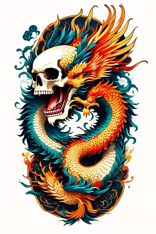 Chinese dragon and phoenix and skull mandala style tattoo design idea