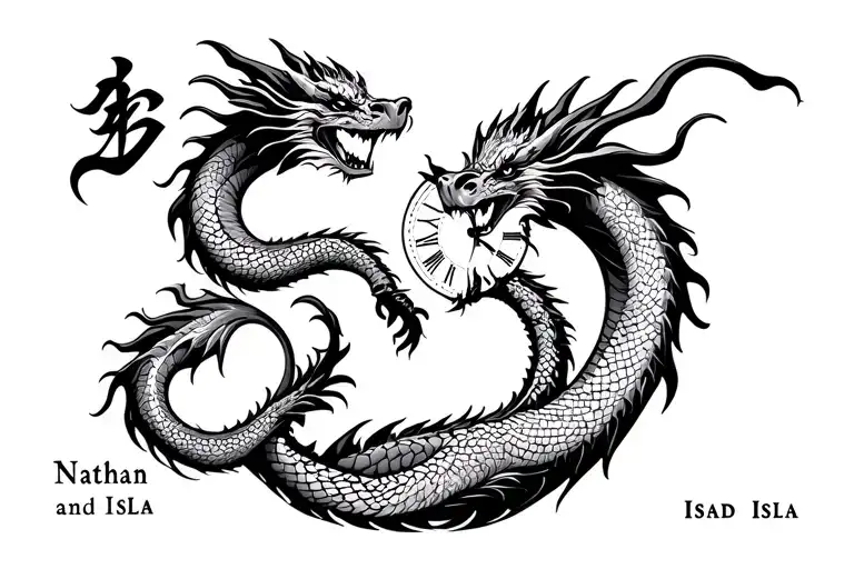 two asian inspired dragons with their tail wrapped around a clock with the names Nathan and Isla incorporated in it tattoo design idea