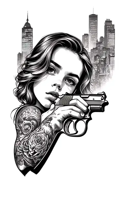 face of a girl with a pistol colt 1911, in the background a city sleeve filling the entire arm tattoo design idea