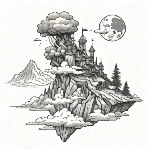 howls moving castle overlooking mountains tattoo design idea