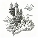 howls moving castle overlooking mountains tattoo design idea
