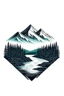 microchip circuit infused with forest with river flowing and  mountain in background  tattoo design idea