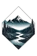 microchip circuit infused with forest with river flowing and  mountain in background  tattoo design idea
