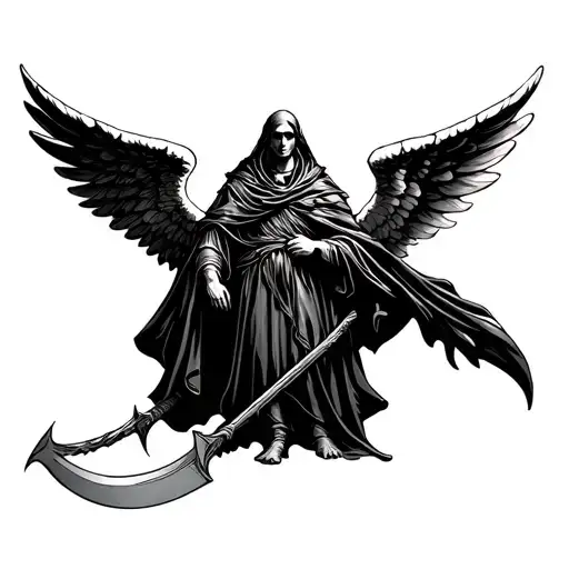 Blackwork tattoo design for the right calf: A black-robed angel holding a scythe (Azrael, the Angel of Death tattoo design idea
