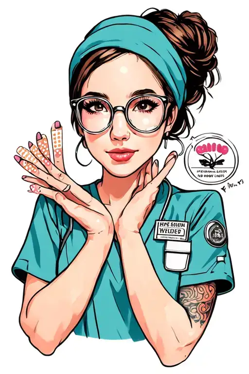 MRI tech pinup, scrubs, , messy bun, headband, glasses, cute,id badge, bandaid, nails tattoo design idea
