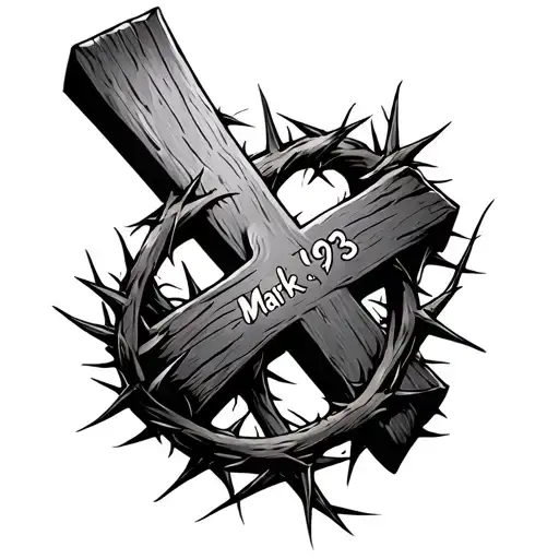 cross with thorns wrapping itself with Mark 9:23 written on the side tattoo design idea