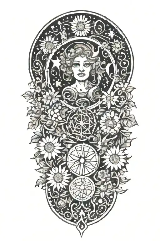 triple moon goddess symbol surrounded by daisys tattoo design idea