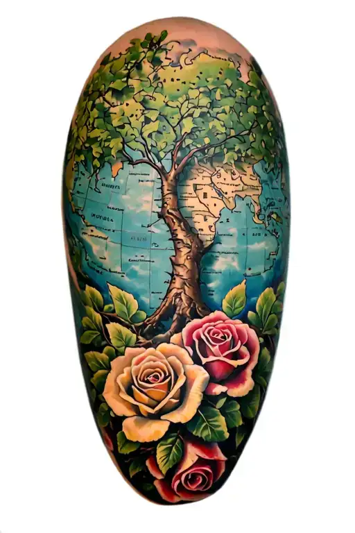WILLOW TREE, ROSES AND MAP tattoo design idea