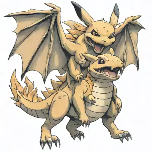 realistic pikachu riding charizard tattoo design idea