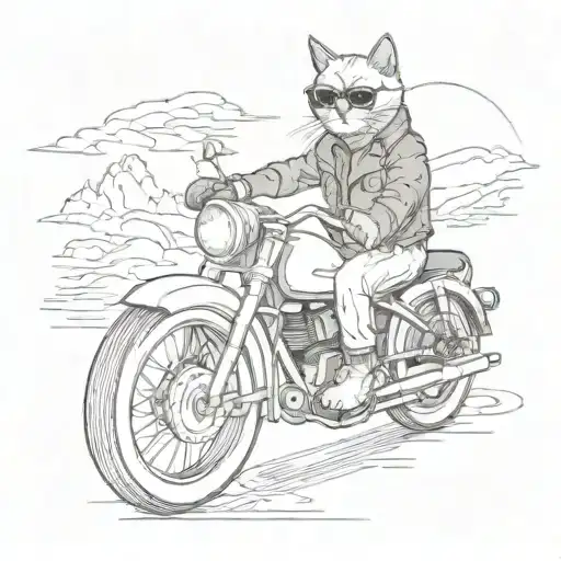 “A cat riding a motorcycle. The cat is wearing sunglasses, and its front paws are on the handlebars, which extend above  tattoo design idea