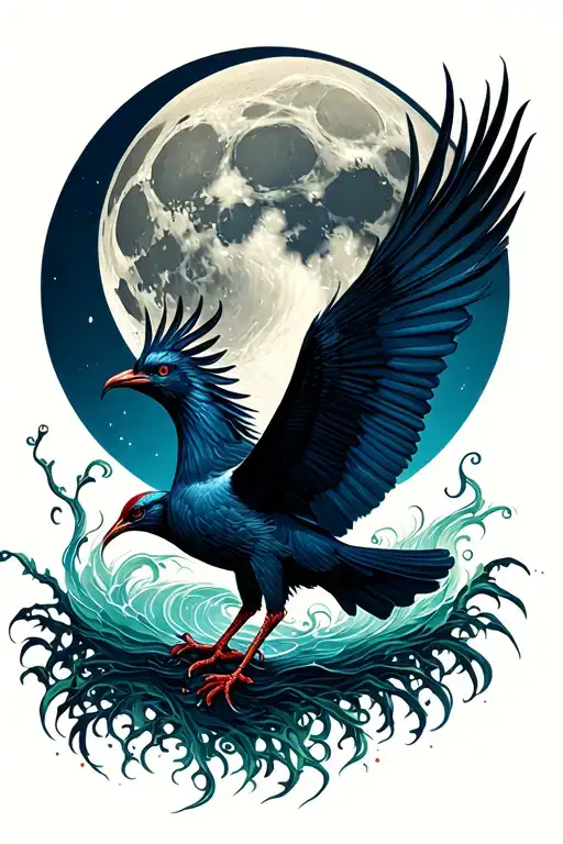 liverbird flying Infront of a big moon with a piece of seaweed with the paisley gates tattoo design idea