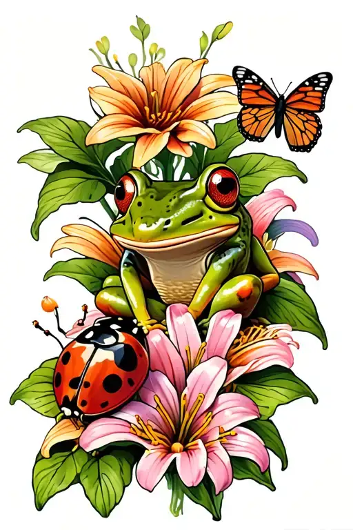 ladybug, lily, butterfly, and frog sitting tattoo design idea