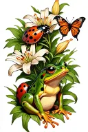 ladybug, lily, butterfly, and frog sitting tattoo design idea