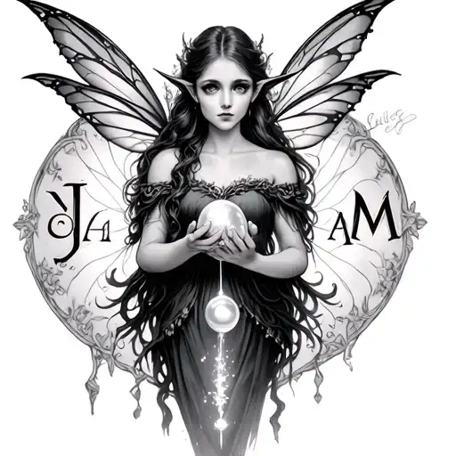 Elven fairy with a levitation pearl in the hands with dust d Etoile and the letters J A and M which tattoo design idea