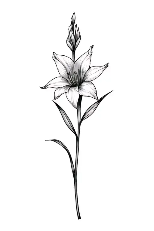 basic fine line gladiolus flower in black and white tattoo design idea