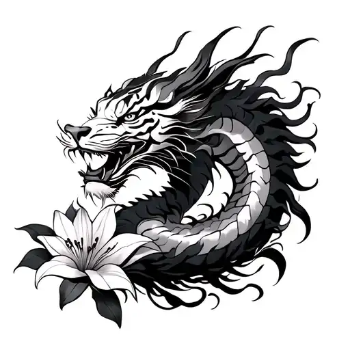 Chinese Dragon with tiger lilys surrounding tattoo design idea