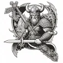 Viking warrior wielding a sword in a temple surrounded by owls tattoo design idea