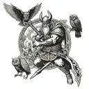 Viking warrior wielding a sword in a temple surrounded by owls tattoo design idea