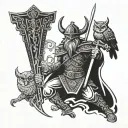 Viking warrior wielding a sword in a temple surrounded by owls tattoo design idea