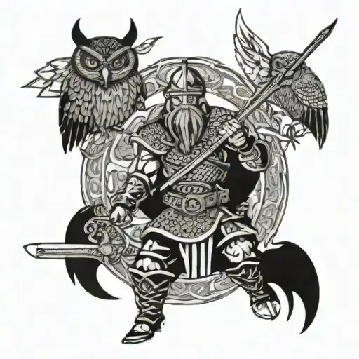 Viking warrior wielding a sword in a temple surrounded by owls tattoo design idea