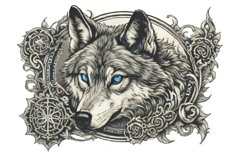 wolf with blue eyes and mosque in the background  tattoo design idea