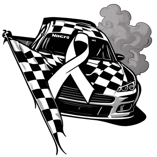 Nascar racing hood draped with checkered flag cancer ribbon with smoke in the background tattoo design idea