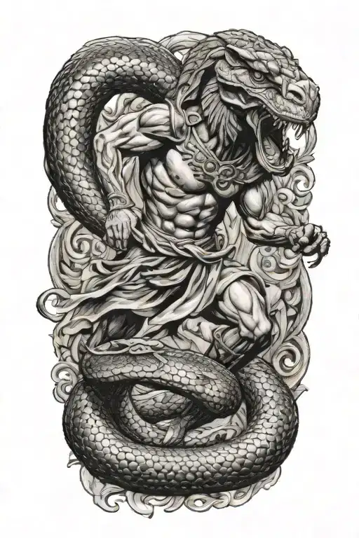 greek warrior fighting a snake tattoo design idea