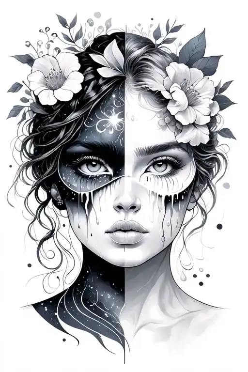 two faced woman, tears, Leo, galaxy, flowers, mental health,  masked woman tattoo design idea