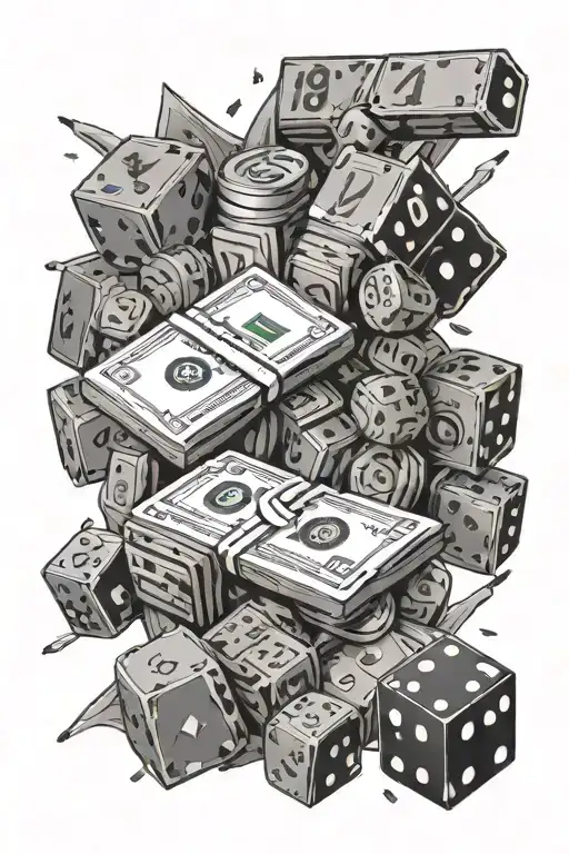 money over every thing in font surrounded by chips and dice with 1 2 1 3 inside the di tattoo design idea