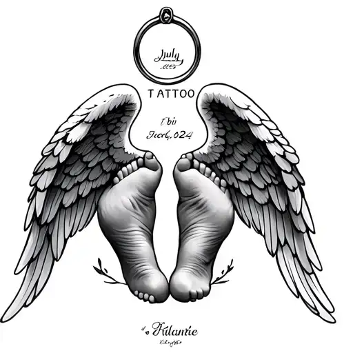 Tattoo idea for 2 tiny baby feel with a angel ring above or wings on the baby’s feet with the a date July 7,2024 and bir tattoo design idea