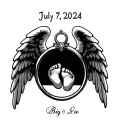 Tattoo idea for 2 tiny baby feel with a angel ring above or wings on the baby’s feet with the a date July 7,2024 and bir tattoo design idea