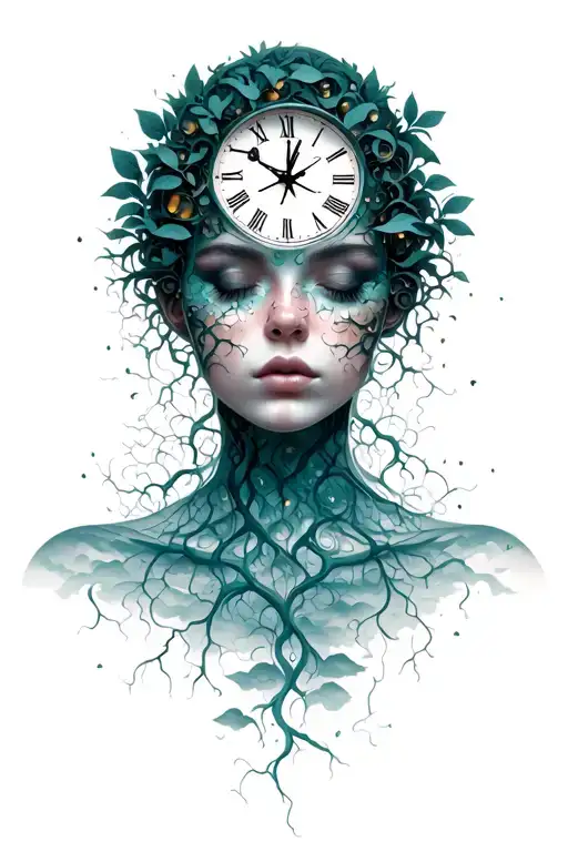 Surreal woman with transparent body filled with vines, broken clocks, and storm clouds.Calm face, fine-line style, moody tattoo design idea