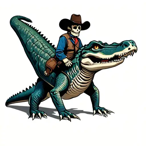 skeleton, cowboy riding alligator tattoo design idea