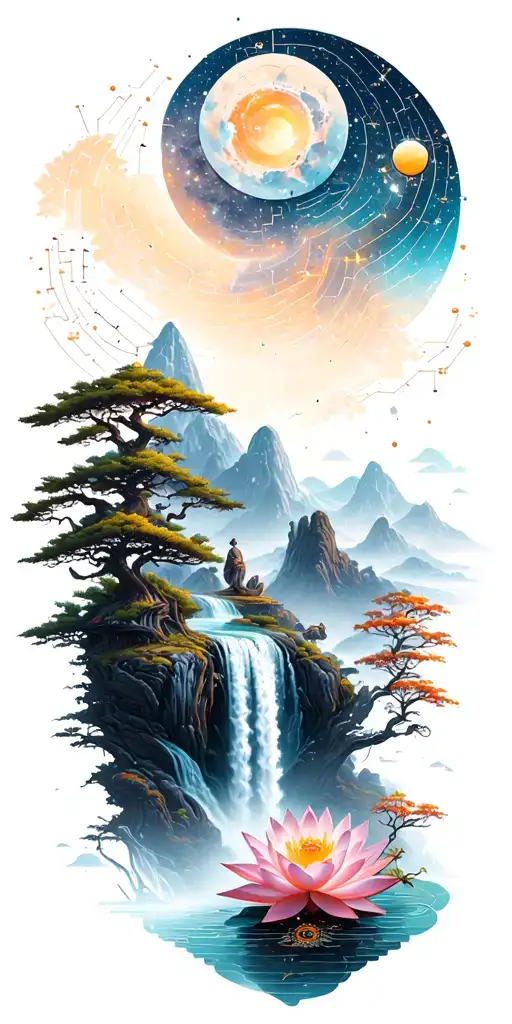 collage of space constellation, Buddhist mountain, trees, waterfall, lotus, mechanical gears of wood, whitespace lines tattoo design idea