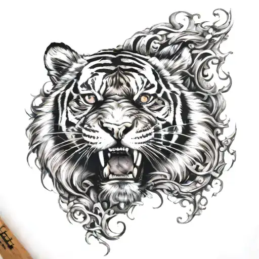 tiger and flame and black and claw and tooth and blood and pain and eye tattoo design idea