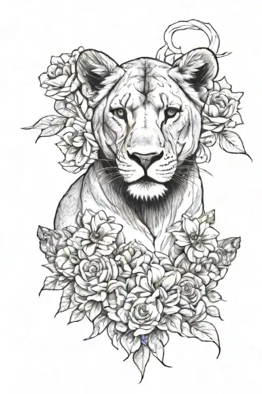 lioness with cubs and flowers tattoo design idea