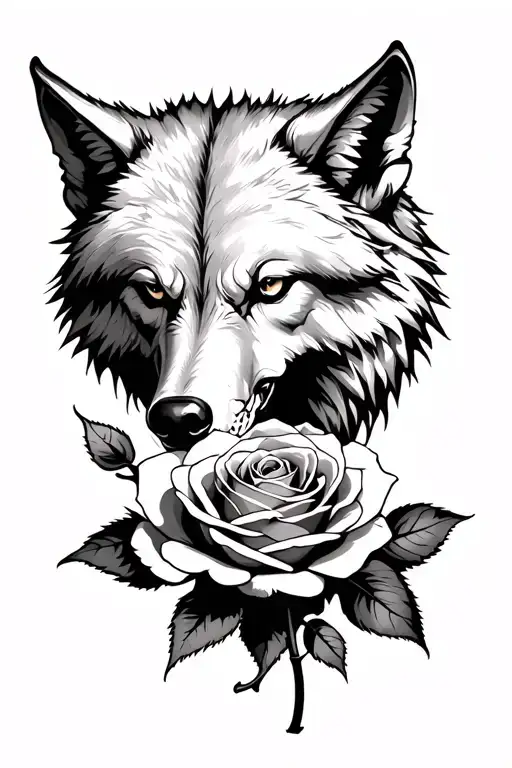 half to the bones rotten wolf looking at a dying rose whi tattoo design idea