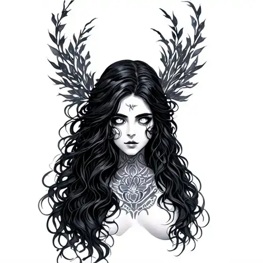Nyx goddess of mythology, with long and wavy black hair, aura of mystery, white eyes, wreath tattoo design idea