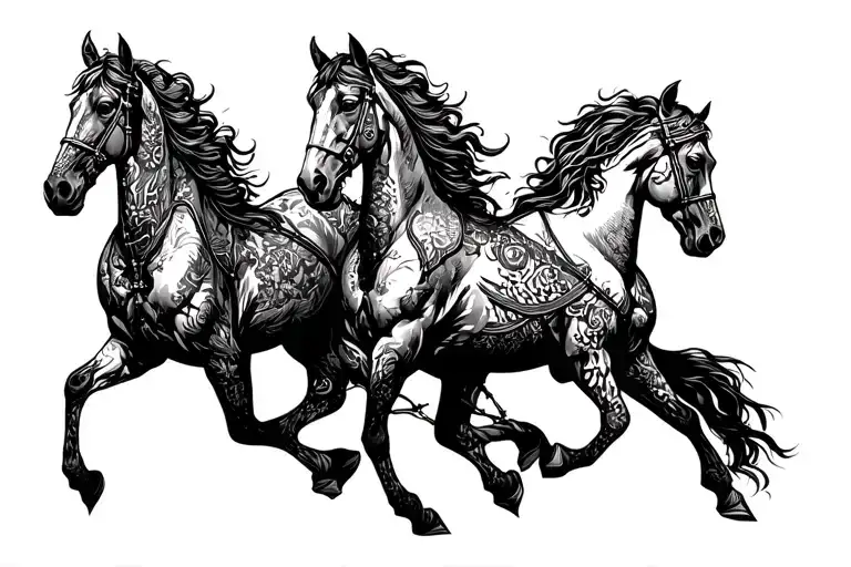 Conquer, War, Famine, and Death on horses tattoo design idea