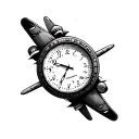 airplane top view inside a an analog clock tattoo design idea